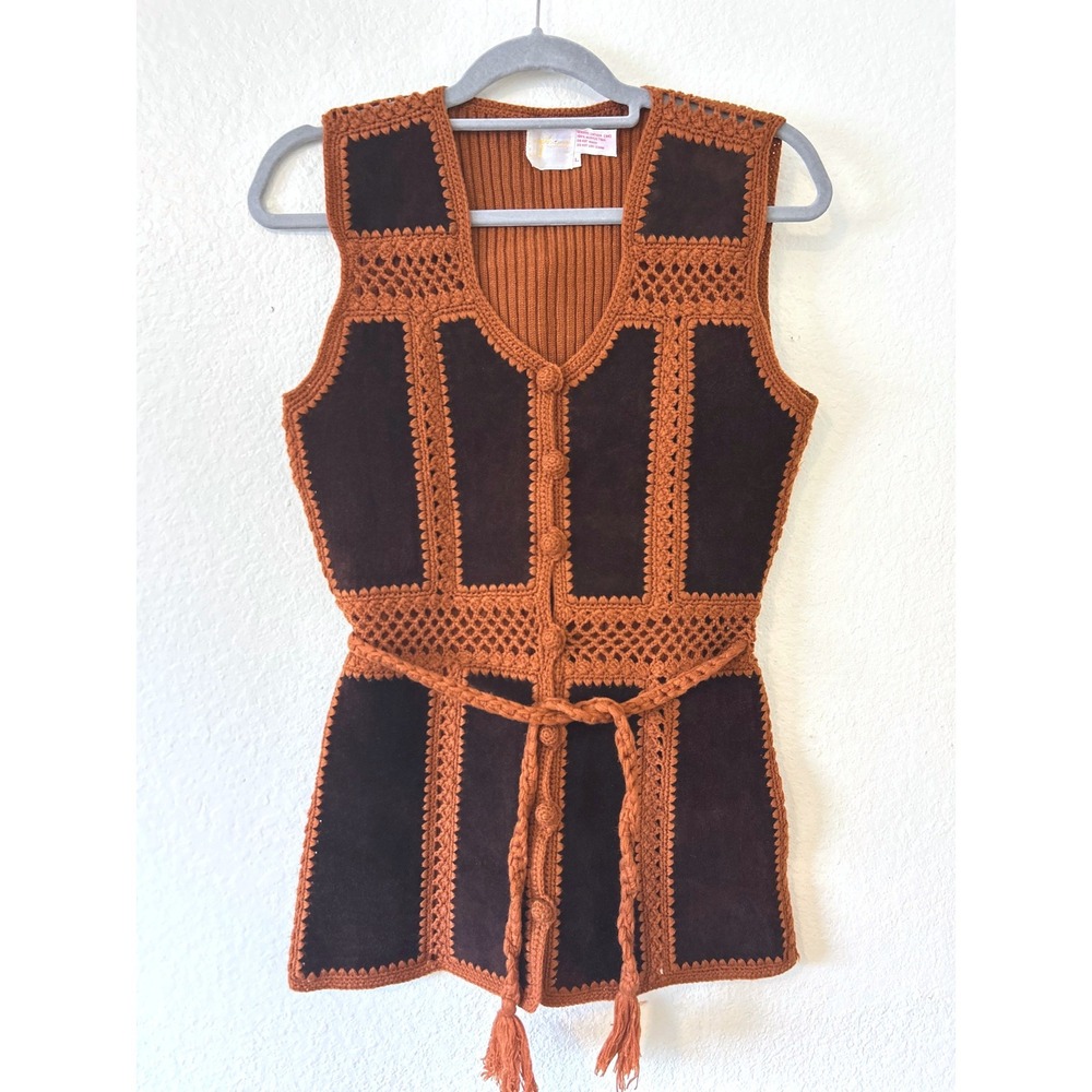 Vintage Suede Leather Crochet Knit Vest Rust Brown Boho Hippie‎ Tarri SZ L